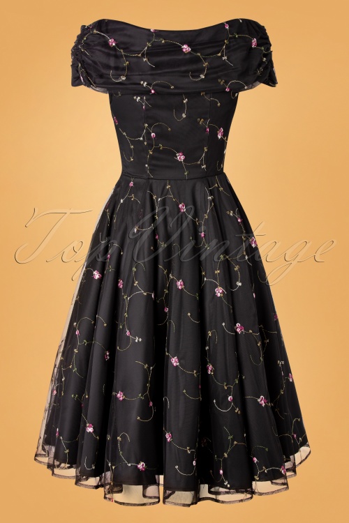 Collectif Clothing - 50s Dorothy Floral Rose Swing Dress in Black 5