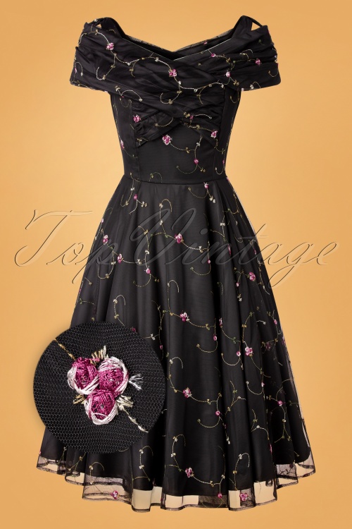Collectif Clothing - Dorothy Floral Rose Swing Dress Années 50 en Noir 2
