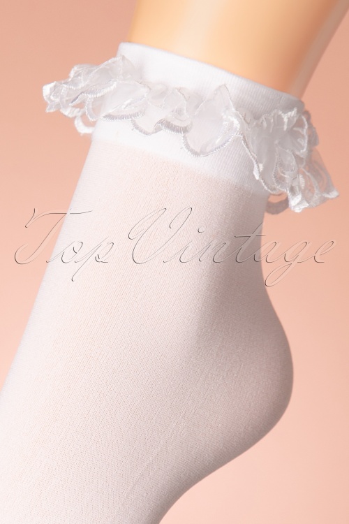 White Ruffled Anklet Socks - Frilly White Opaque Lace Ruffles Top Trim  Bobby Sock