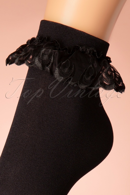 Rouge Royale - 50s Cute Ruffle Lace Bobby Socks in Black 2