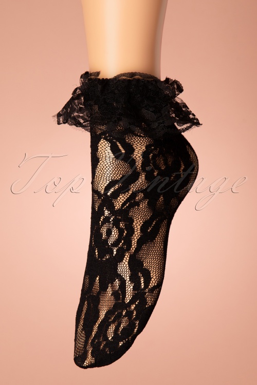 Rouge Royale - Lace Anklet Ruffle Socks Années 50 en Noir