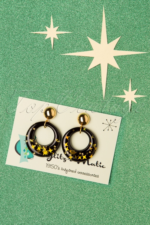 Glitz-o-Matic - 50s Glitter Star Hoop Earrings in Black and Gold