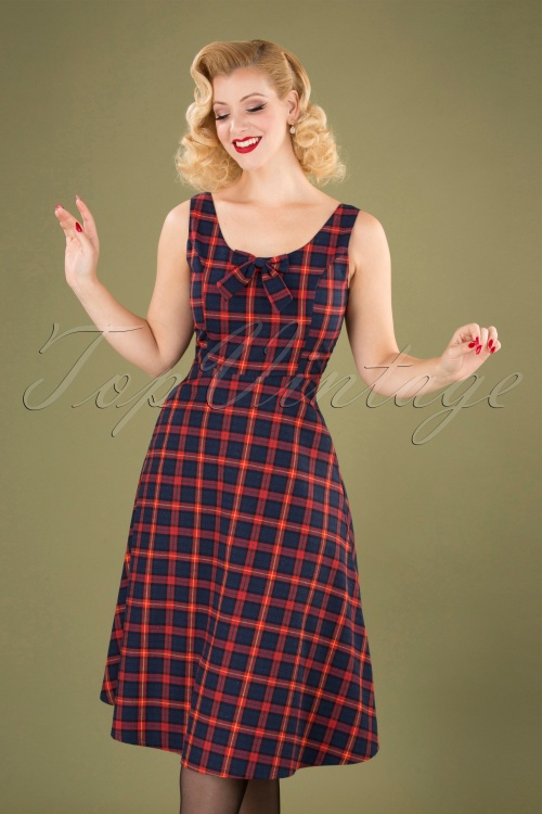 Banned Retro - 50s Christmas Check Dress in Navy and Red 2
