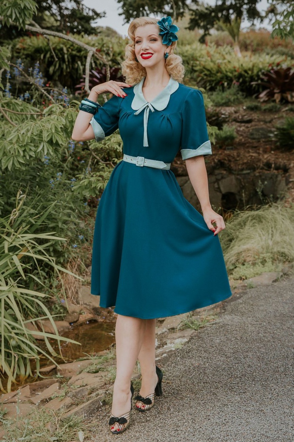 Ella Collaboration ~ 40s Ella Kat Swing Dress In Teal And Mint