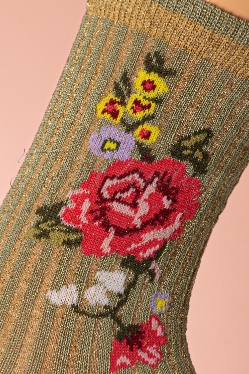 Marcmarcs - 70s Lizzy Lurex Flower Socks in Olive Green 2