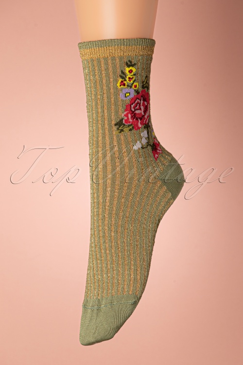Marcmarcs - Lizzy Lurex Flower Socks Années 70 en Vert Olive