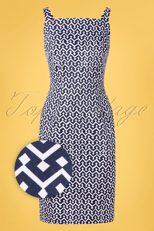 Banned Retro - 60s Tile Pencil Dress in Navy and White 2