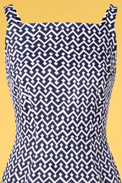 Banned Retro - Tile pencil-jurk in marineblauw en wit 3