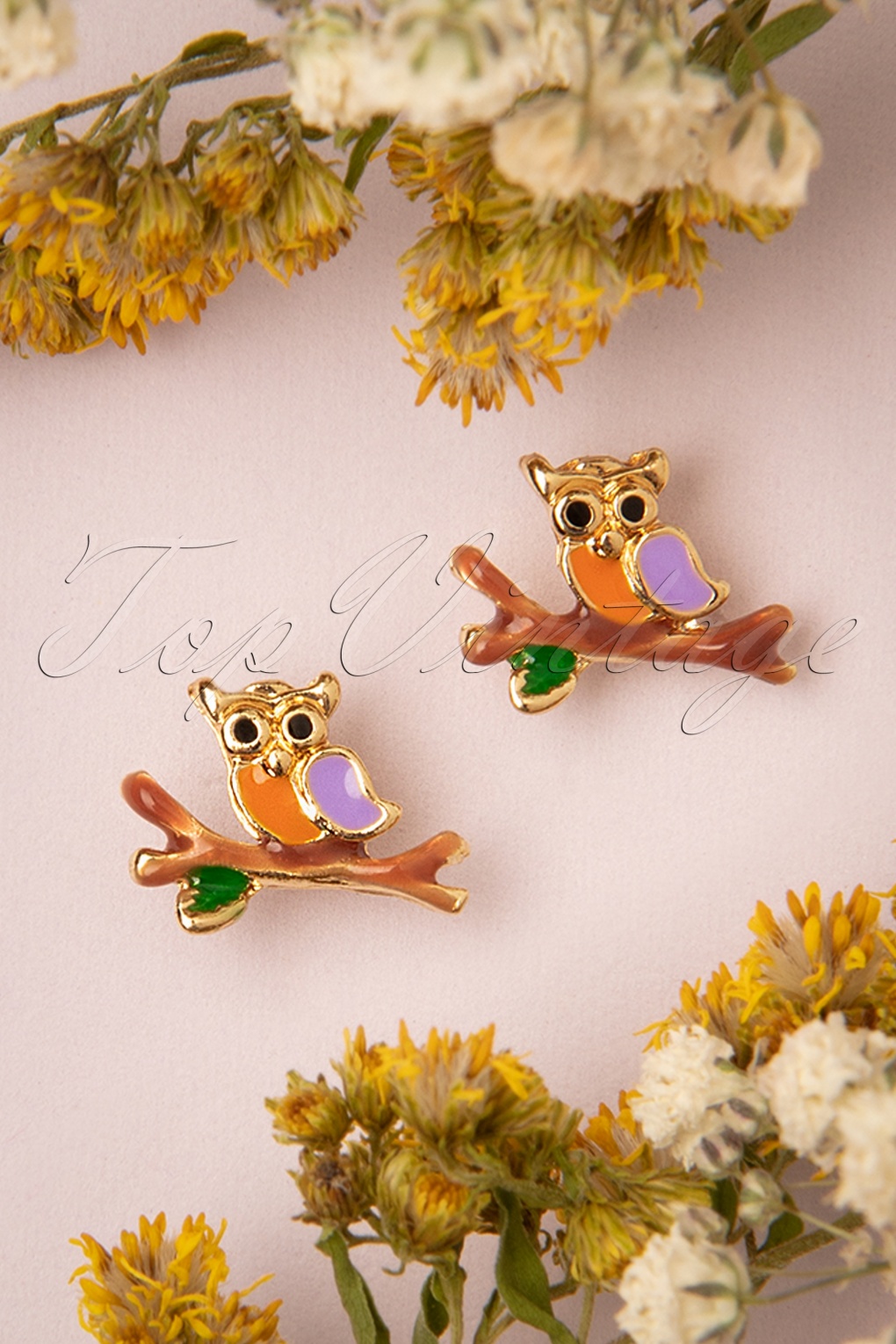 50s Owl Stud Earrings in Gold