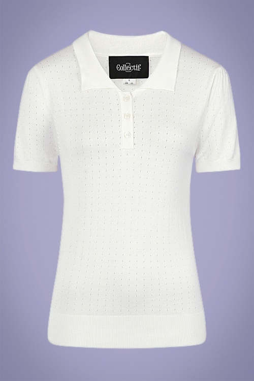Collectif Clothing - 40s Pina Pointelle Knitted Polo in Ivory