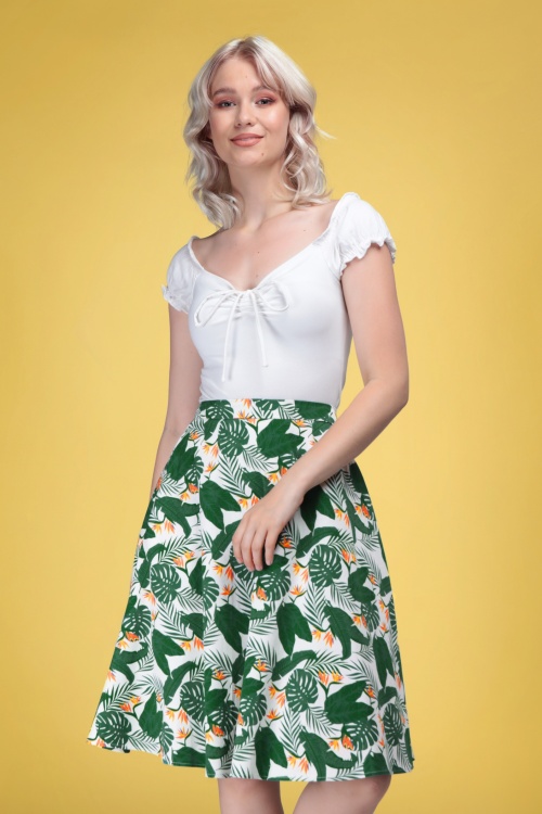 Collectif Clothing - 50s Mattie Bird of Paradise Swing Skirt in Ivory and Green 2