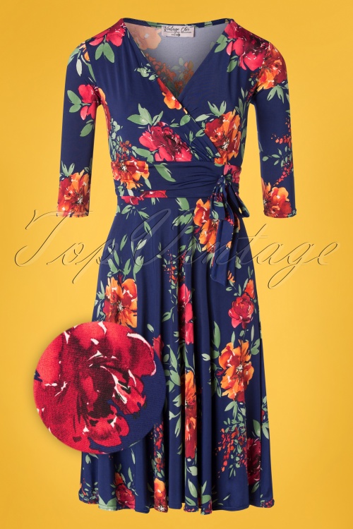 Vintage Chic for Topvintage - Caryl Floral Swing Dress Années 50 en Bleu Marine  2