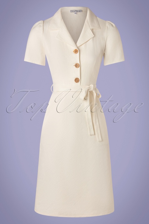 Very Cherry - 60s Revers Straight Linen Skirt Dress in Ecru