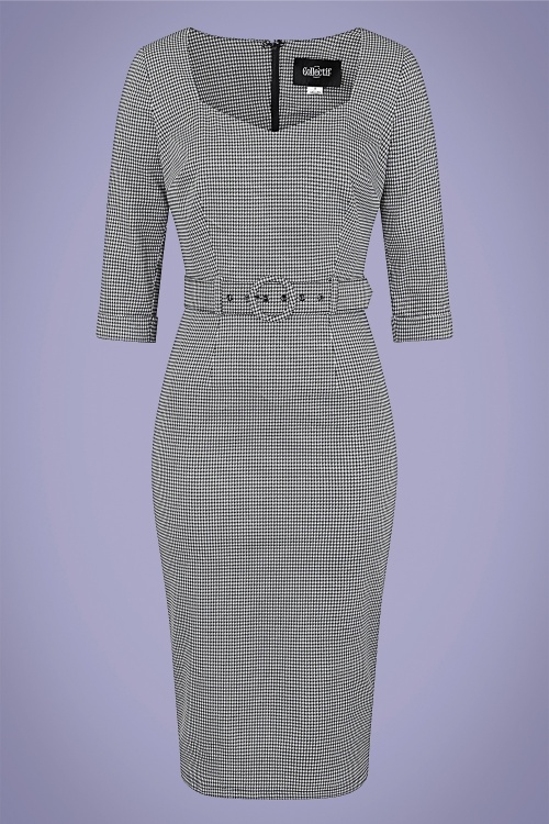 Collectif Clothing - Katya Houndstooth Pencil Dress Années 50 en Noir et Blanc 2