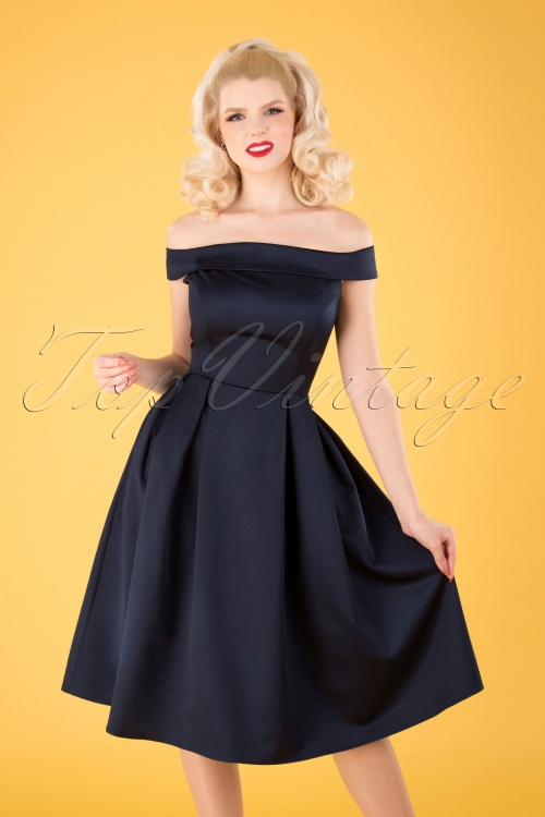 Collectif Clothing - Anastasia Satin Swing Dress Années 50 en Bleu Marine