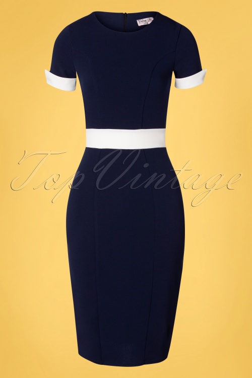 Vintage Chic for Topvintage - Verena Pencil Dress Années 50 en Bleu Marine et Blanc 2