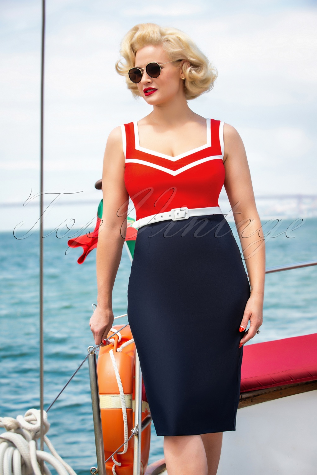 50s Barbara Pencil Dress in Red and Navy