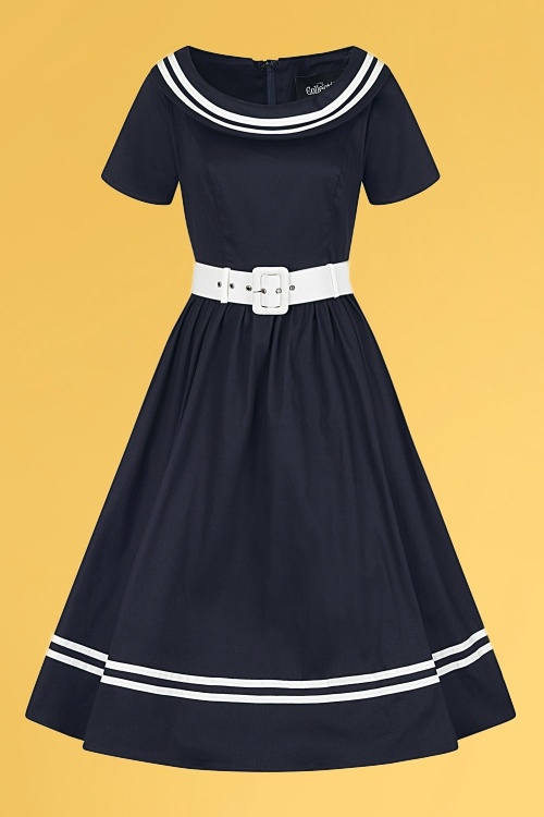 Collectif Clothing - Tina Nautical Swing-Kleid in Navy und Weiß 2