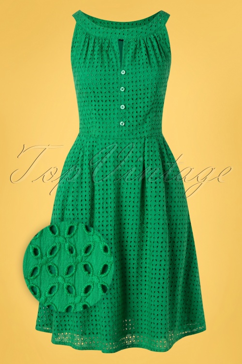 Pretty Vacant - Esme Embroidery Swing Dress Années 60 en Vert