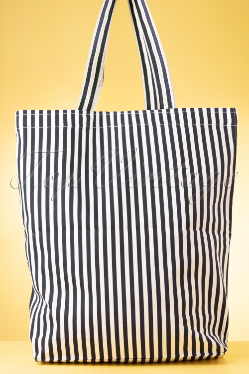 Mademoiselle YéYé - 60s Take It All Striped Tote Bag in White and Blue 2