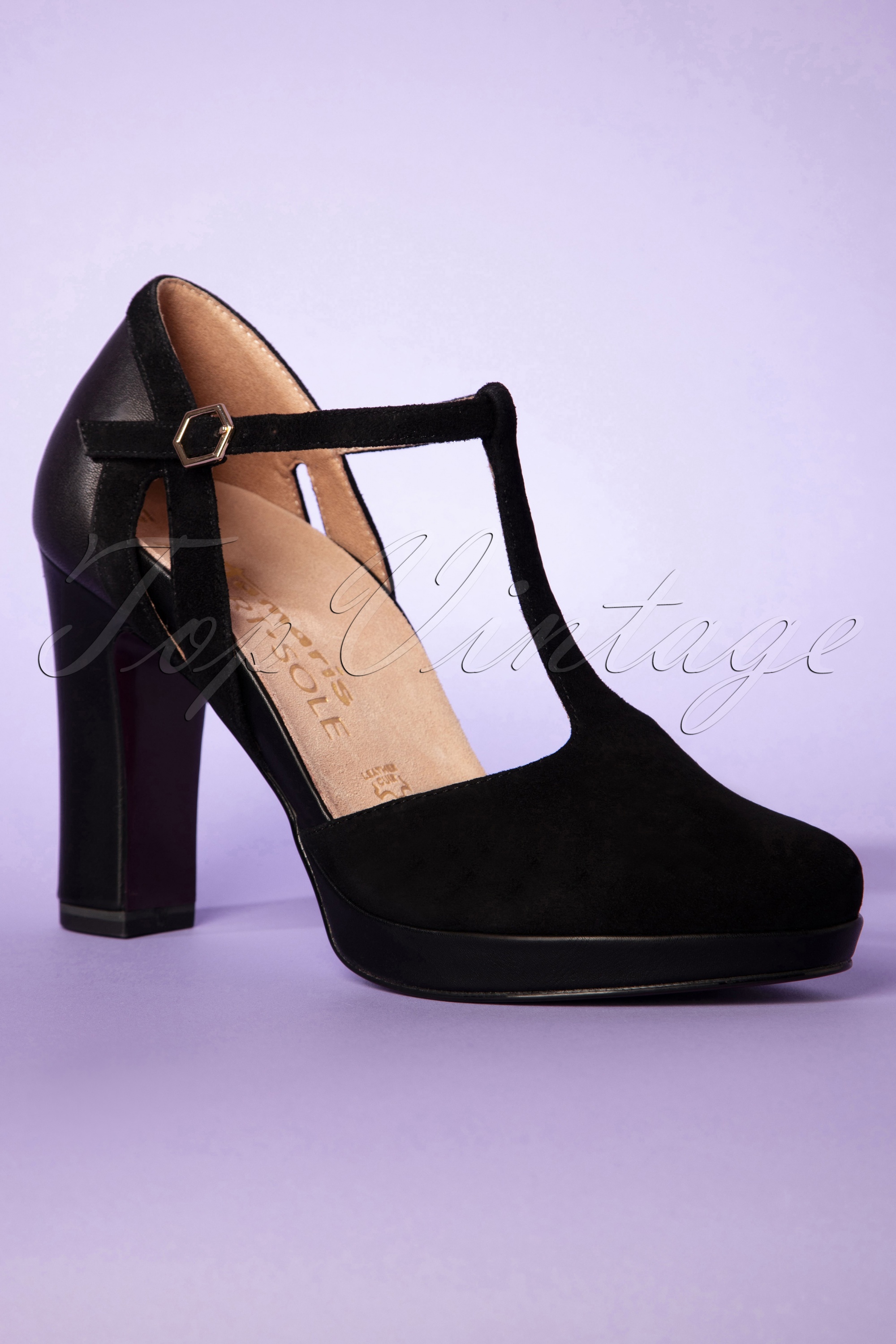 Tamaris - Donna suède t-strap pumps in zwart 2