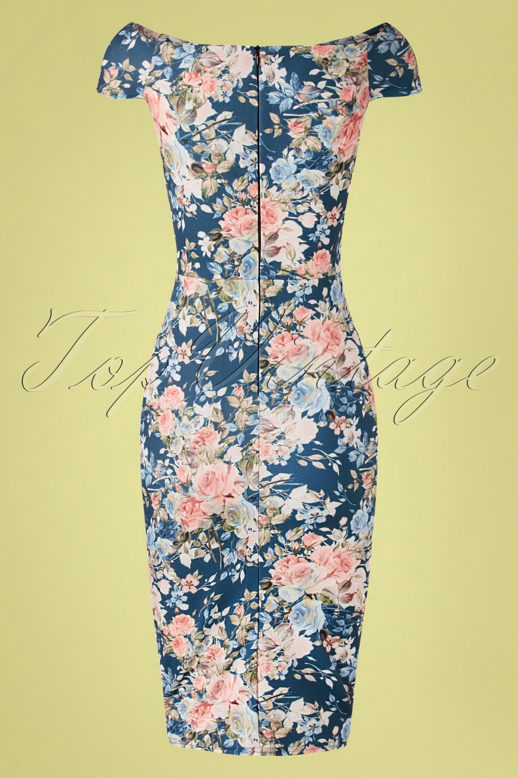 50s Donna Floral Pencil Dress In Blue 6461