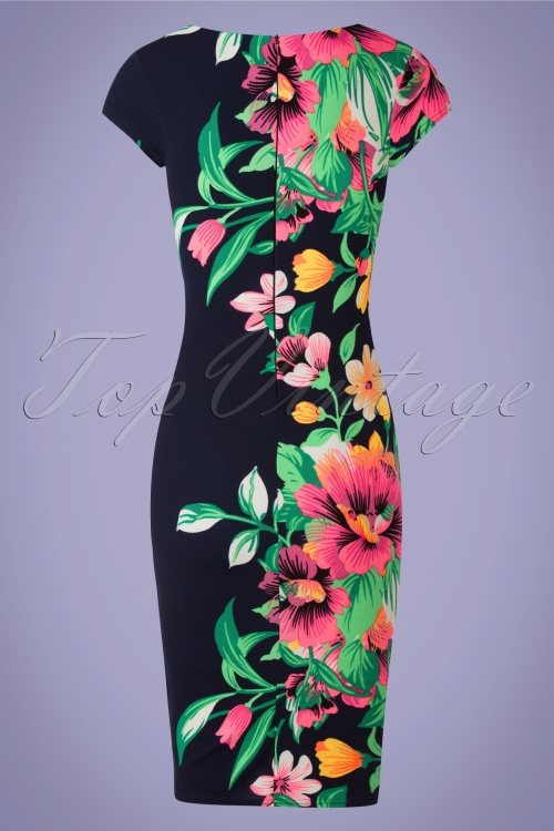 Vintage Chic for Topvintage - 60s Aloha Tropical Garden Short Sleeves Pencil Dress in Navy 5