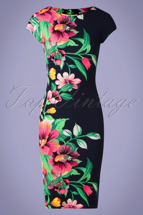 Vintage Chic for Topvintage - 60s Aloha Tropical Garden Short Sleeves Pencil Dress in Navy 2