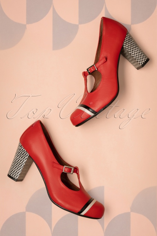 Nemonic - 60s Madison Rojo Leather T-Strap Pumps in Red 3