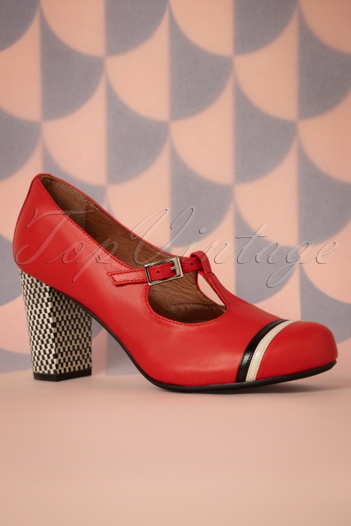 Nemonic - 60s Madison Rojo Leather T-Strap Pumps in Red 2