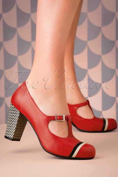 Nemonic - 60s Madison Rojo Leather T-Strap Pumps in Red