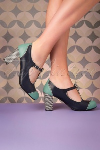 Nemonic - 60s Madison Leather T-Strap Pumps in Navy and Aqua 4