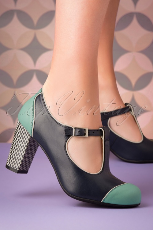 Nemonic - 60s Madison Leather T-Strap Pumps in Navy and Aqua