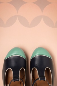 Nemonic - 60s Madison Leather T-Strap Pumps in Navy and Aqua 3