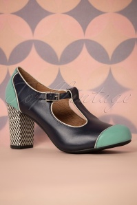 Nemonic - 60s Madison Leather T-Strap Pumps in Navy and Aqua 2
