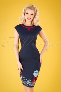 Banned Retro - 50s Summer Sail Pencil Dress in Navy