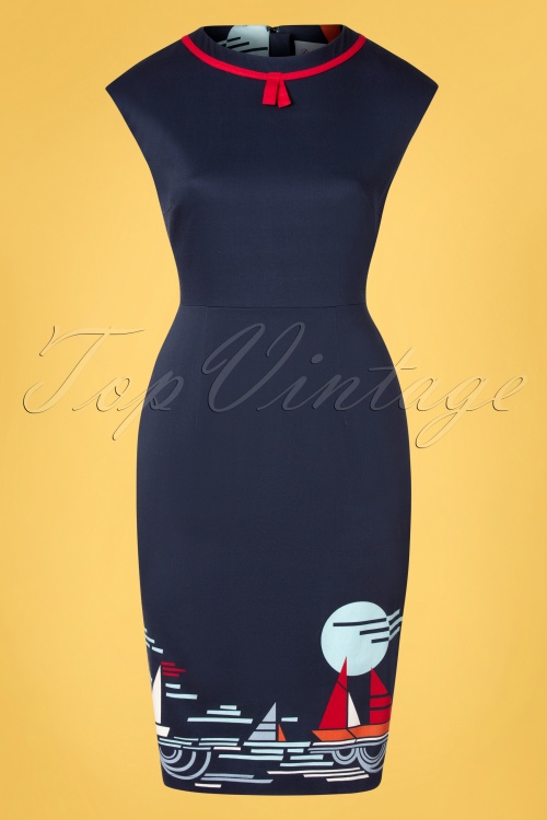 Banned Retro - Summer Sail Pencil Dress in Navy 2