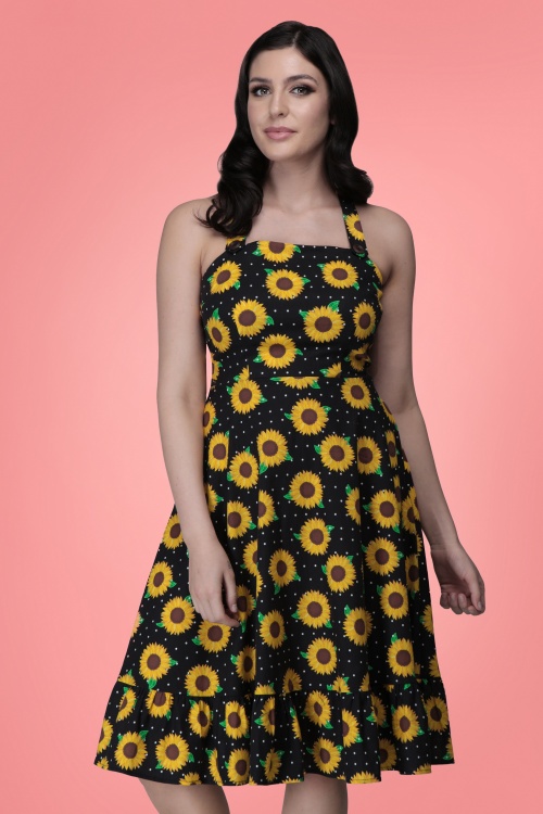 Collectif Clothing - Maggie Sunflower Swing Dress Années 50 en Noir 2