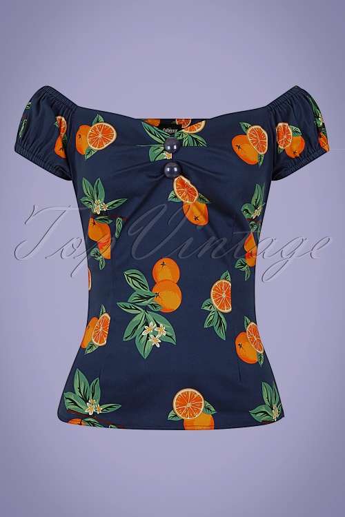 Collectif Clothing - Dolores Oranges Top Années 50 en Bleu Marine  2