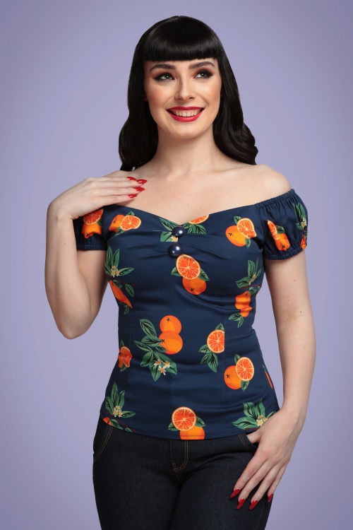 Collectif Clothing - 50s Dolores Oranges Top in Navy