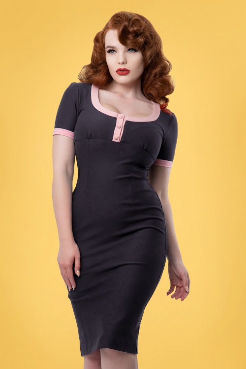 Zoe Vine - 50s Erika Pencil Dress in Navy and Pink