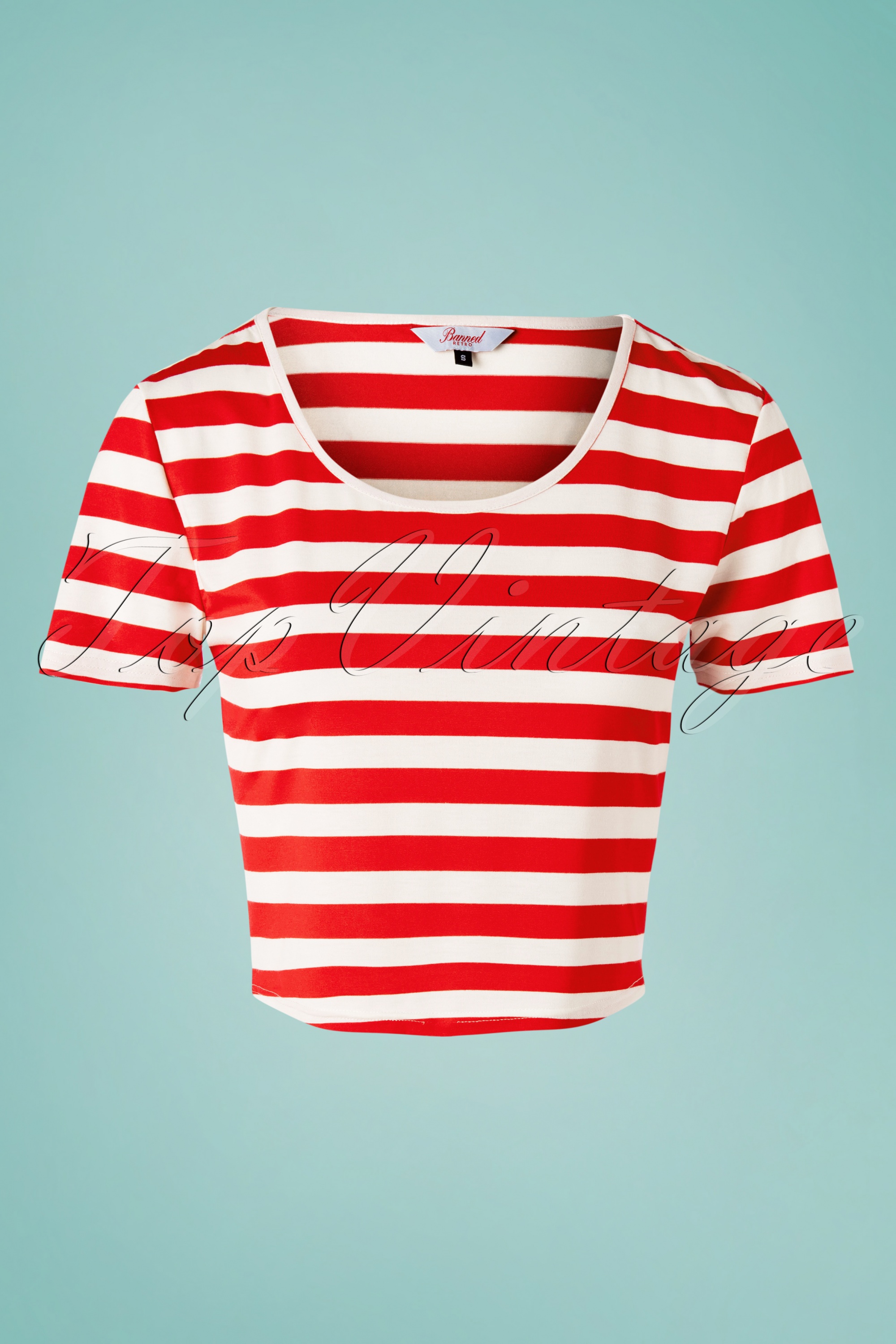 Banned Retro - Land Ahoy crop t-shirt in rood en wit 2