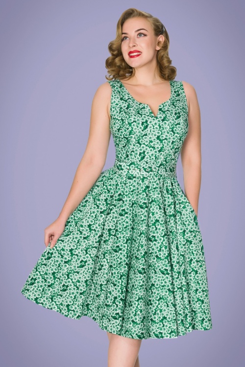 Timeless - 50s Selene Swing Dress in Green Floral 2