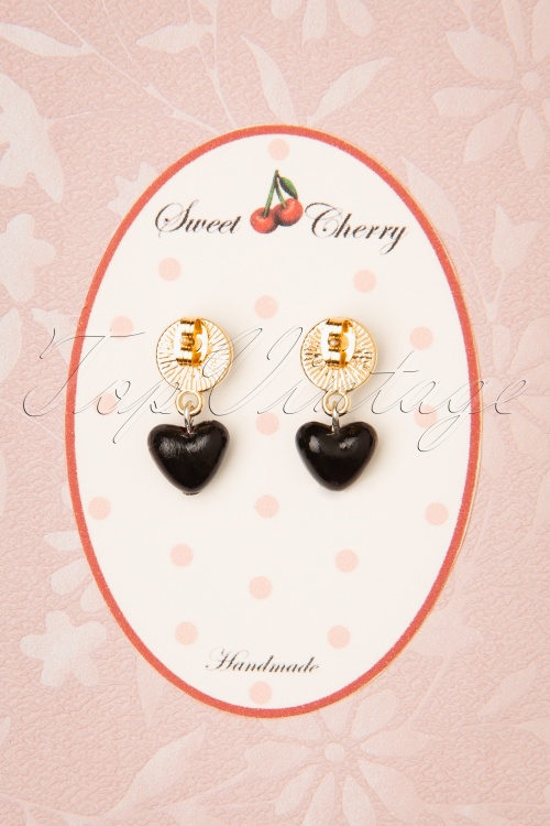 Sweet Cherry - 50s Pearl Heart Earrings in Black and Gold 3