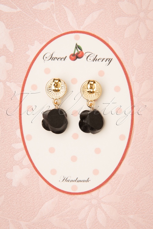 Sweet Cherry - 50s Pearl Rose Earrings in Black and Gold 3