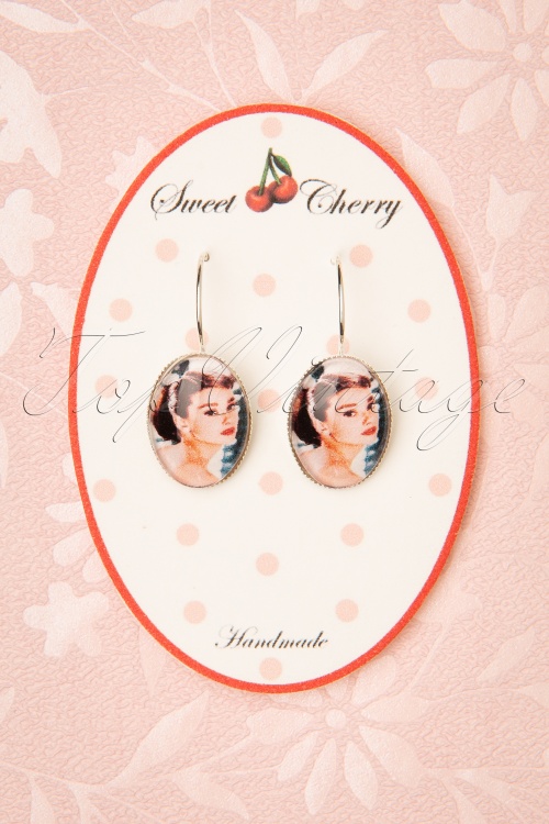 Sweet Cherry - 50s Lucky Black Cat Drop Earrings in Silver and Pink