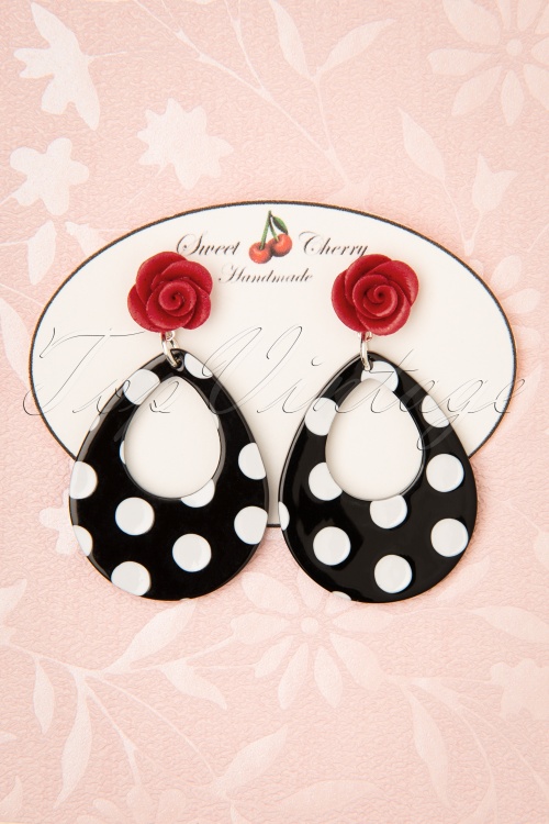 Sweet Cherry - 50s Polkadot Rose Drop Earrings in Black