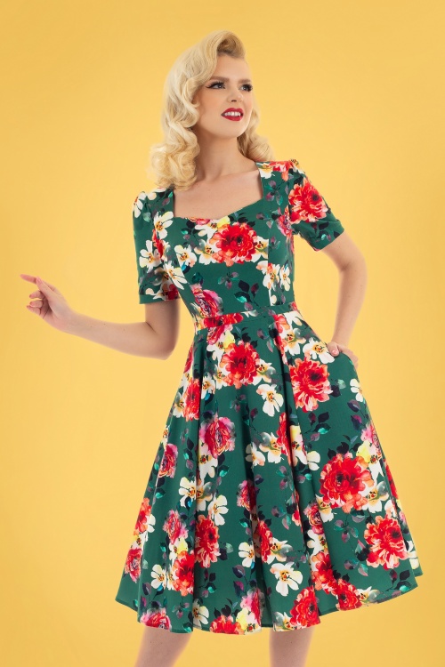 Hearts & Roses - Pamela Floral Swing Dress Années 50 en Vert