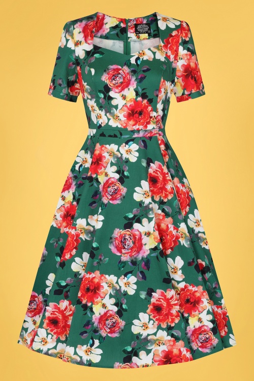 Hearts & Roses - Pamela Swing-Kleid mit Blumenmuster in Grün 2