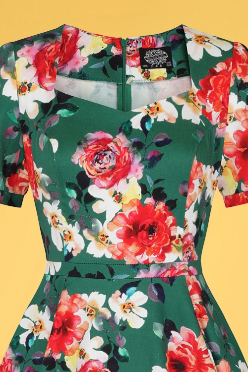 Hearts & Roses - Pamela Floral Swing Dress Années 50 en Vert 3